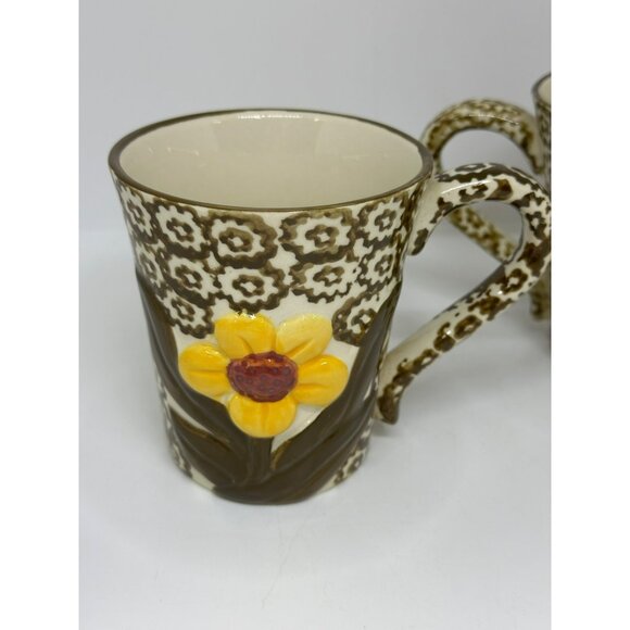 VTG Temp-Tations Old World Green Yellow Flower Coffee Mug Set of 2 12oz - Picture 2 of 8